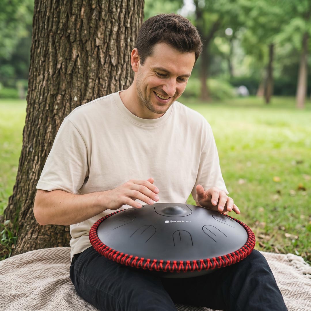 Sonodrum „Handpan Hybrid“ - handgefertigte Handpan-Alternative - 35,5cm - 9 Zungen - D-Kurd