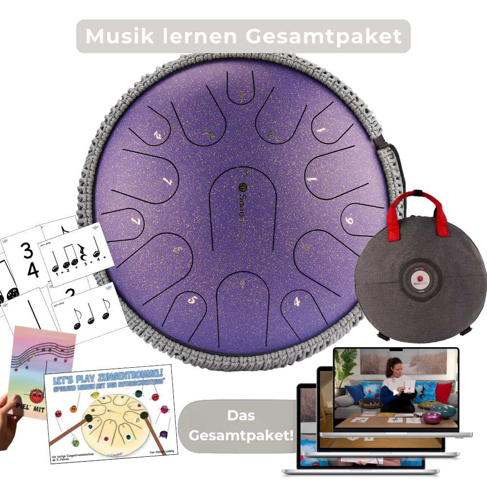 Sonodrum - Premium 15 Zungen Set - Let’s Play Zungentrommel, Notenschnutzies & Happy Beatz - Floh im Ohr TV