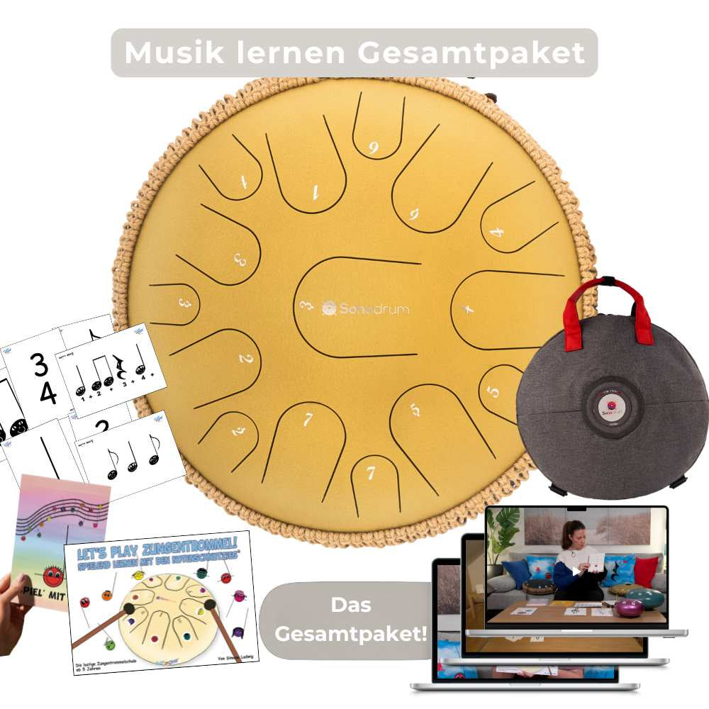 Sonodrum - Premium 15 Zungen Set - Let’s Play Zungentrommel, Notenschnutzies & Happy Beatz - Floh im Ohr TV