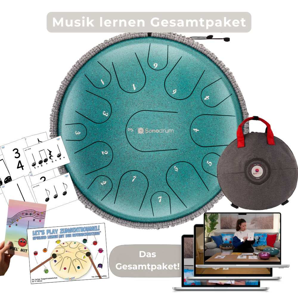 Sonodrum - Premium 15 Zungen Set - Let’s Play Zungentrommel, Notenschnutzies & Happy Beatz - Floh im Ohr TV