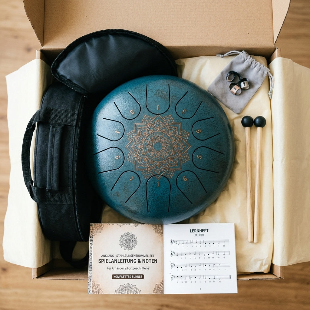 Komplett-Set — Tongue Drum Mandala 15 Zungen + Tasche + Schlägel + E-Book