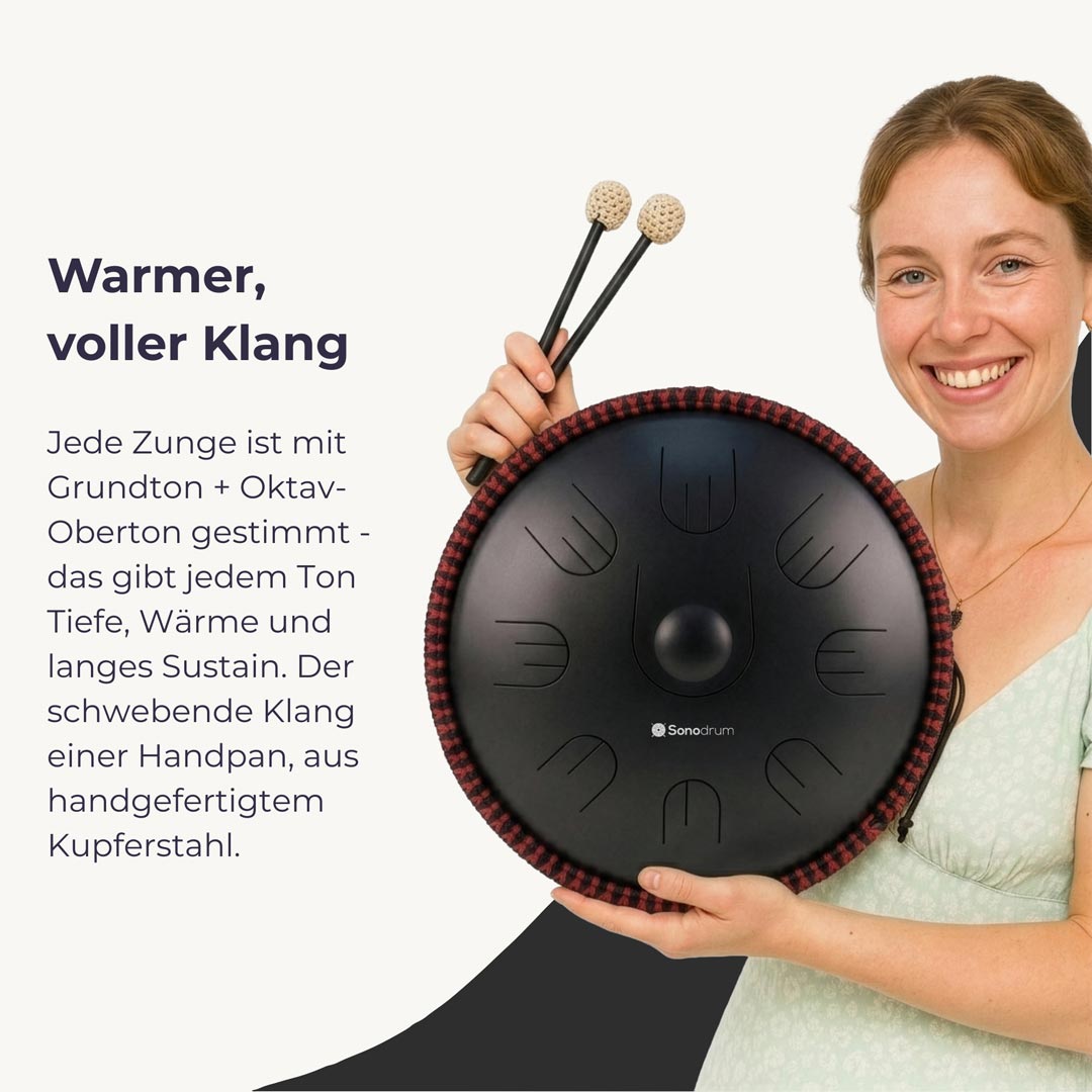 Sonodrum „Handpan Hybrid“ - handgefertigte Handpan-Alternative - 35,5cm - 9 Zungen - D-Kurd