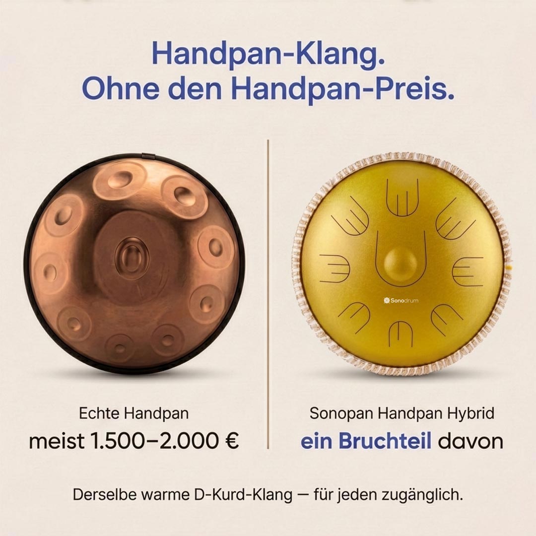 Sonodrum „Handpan Hybrid“ - handgefertigte Handpan-Alternative - 35,5cm - 9 Zungen - D-Kurd