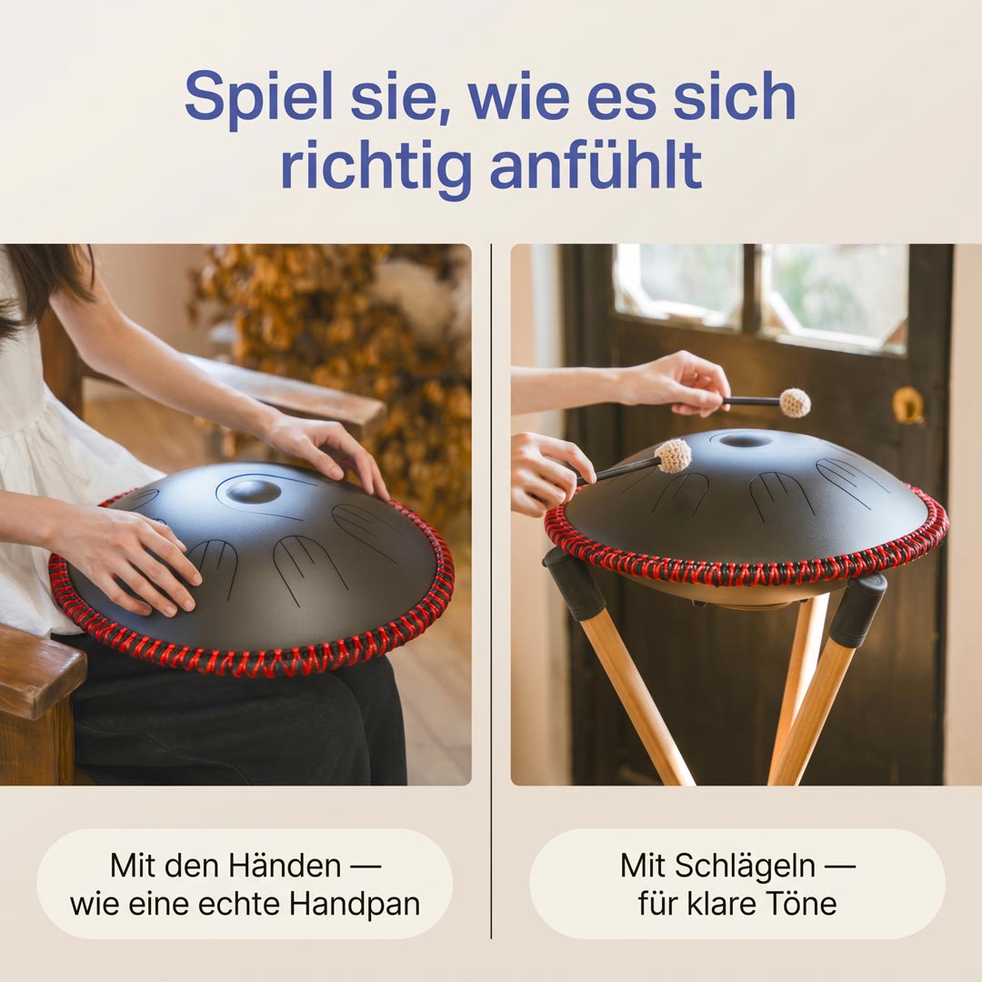 Sonodrum „Handpan Hybrid“ - handgefertigte Handpan-Alternative - 35,5cm - 9 Zungen - D-Kurd
