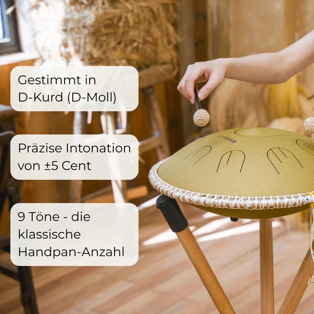 Sonodrum „Handpan Hybrid“ - handgefertigte Handpan-Alternative - 35,5cm - 9 Zungen - D-Kurd