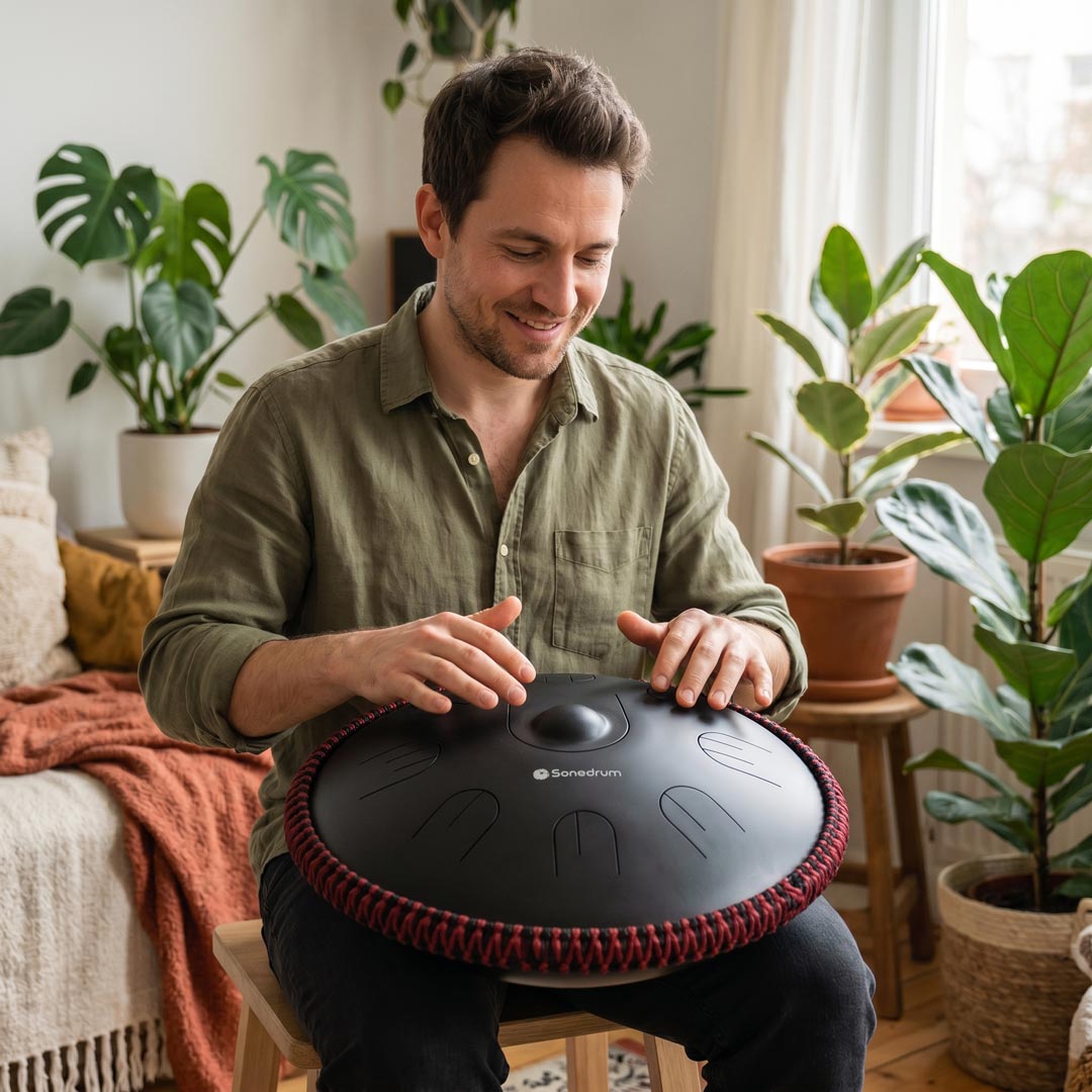Sonodrum „Handpan Hybrid“ - handgefertigte Handpan-Alternative - 35,5cm - 9 Zungen - D-Kurd