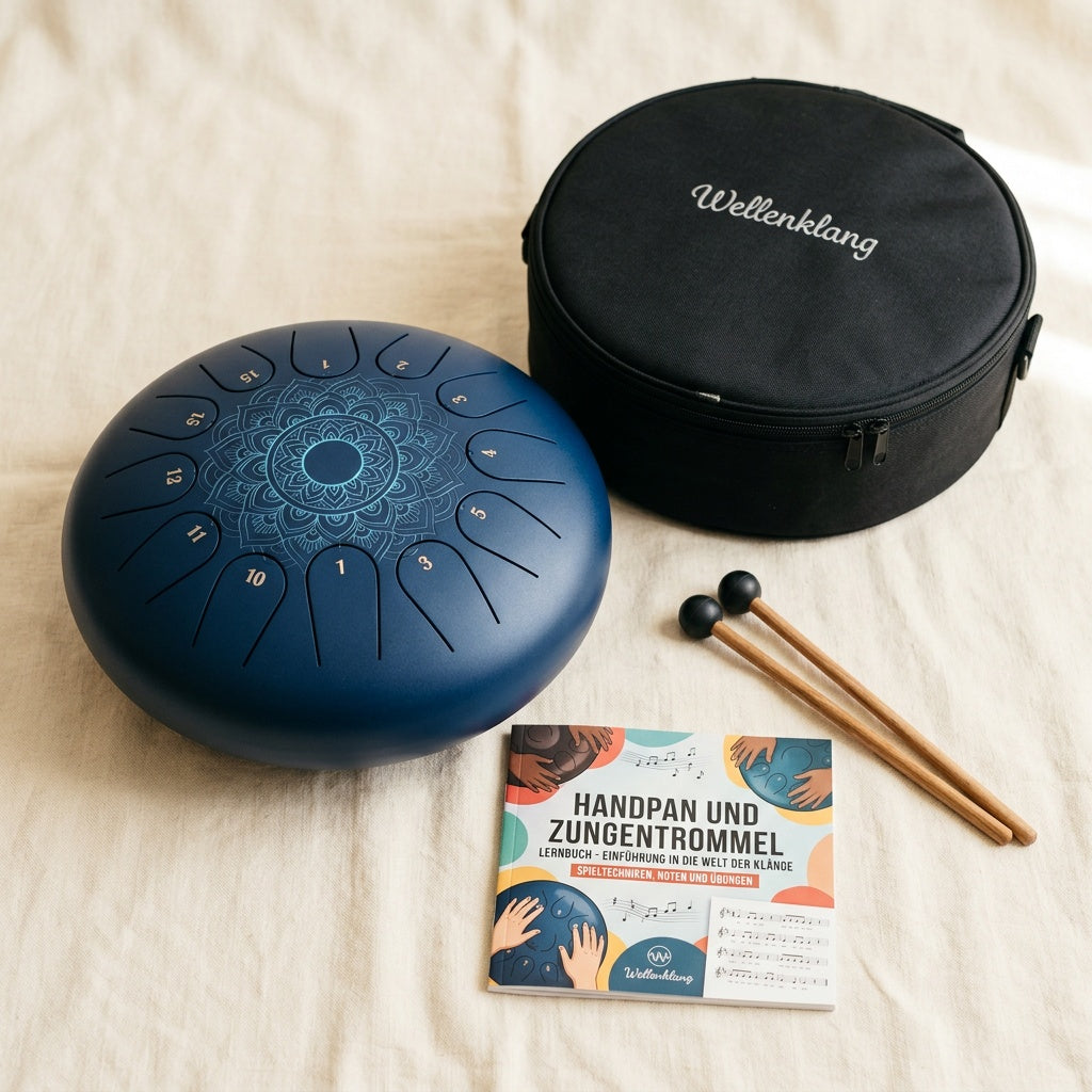 Komplett-Set — Tongue Drum Mandala 15 Zungen + Tasche + Schlägel + E-Book