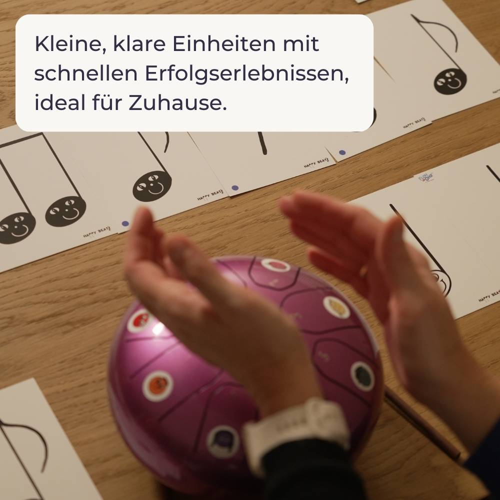 Sonodrum „Standard“ Rhythmus-Set – Zungentrommel (14/20 cm) + Happy Beatz Lernkarten & Videokurs | Floh im Ohr TV