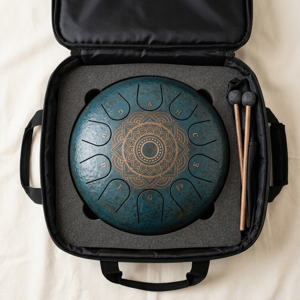 Komplett-Set — Tongue Drum Mandala 15 Zungen + Tasche + Schlägel + E-Book