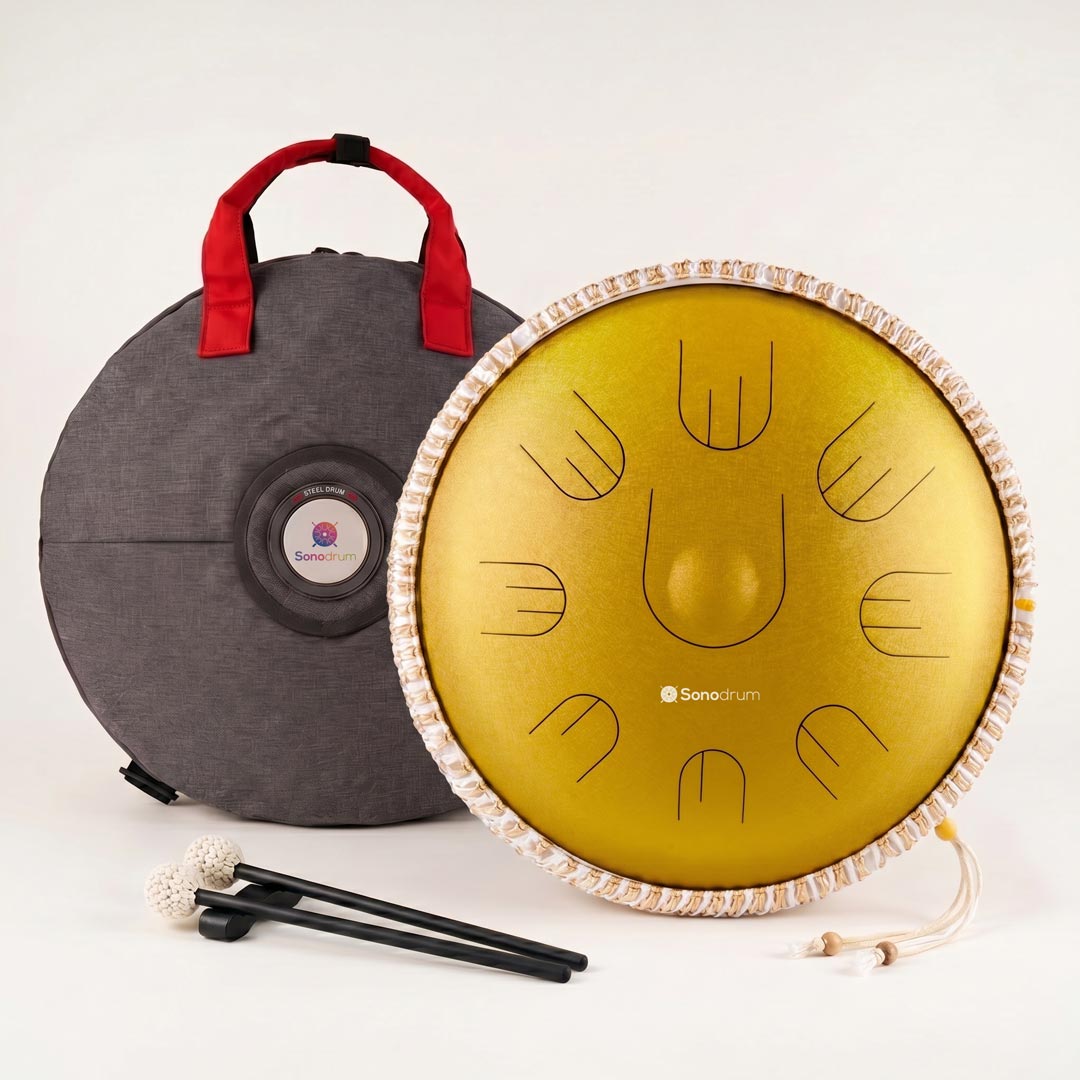 Sonodrum „Handpan Hybrid“ - handgefertigte Handpan-Alternative - 35,5cm - 9 Zungen - D-Kurd