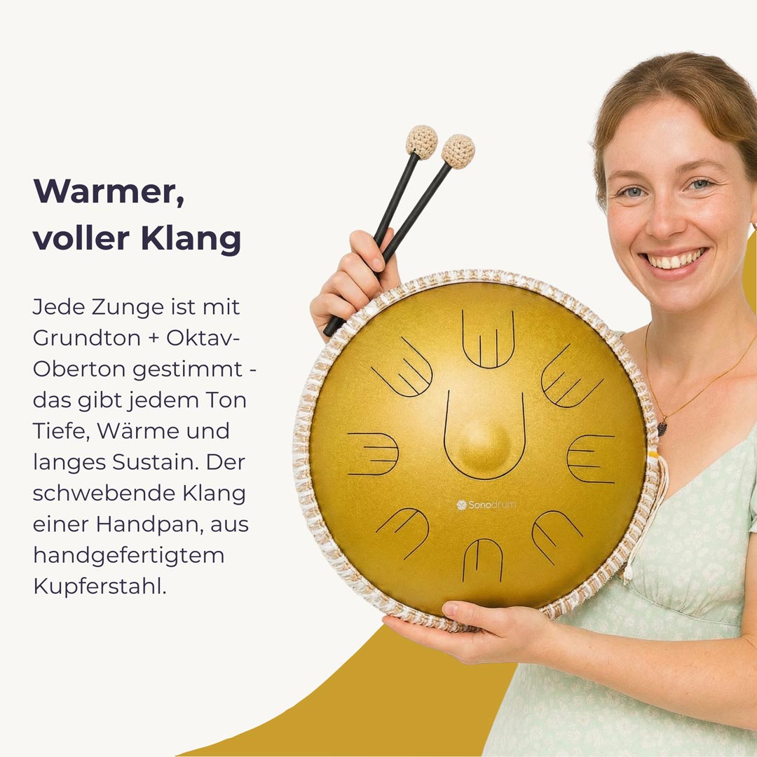Sonodrum „Handpan Hybrid“ - handgefertigte Handpan-Alternative - 35,5cm - 9 Zungen - D-Kurd