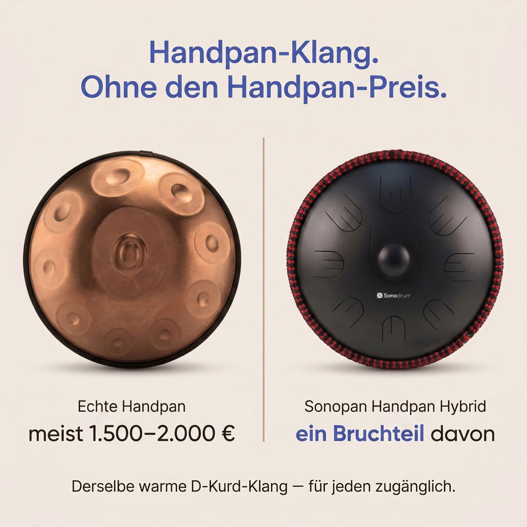 Sonodrum „Handpan Hybrid“ - handgefertigte Handpan-Alternative - 35,5cm - 9 Zungen - D-Kurd