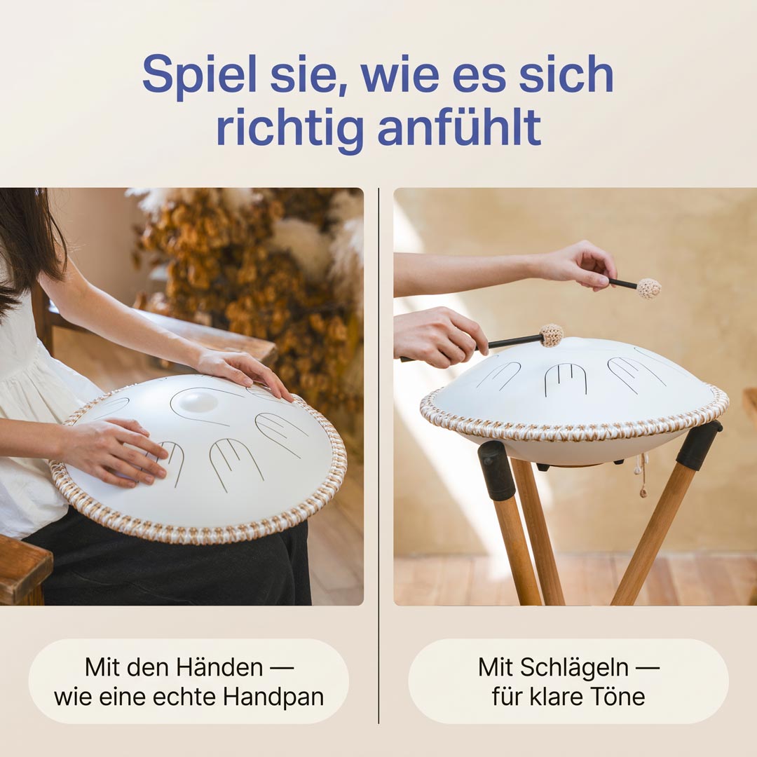 Sonodrum „Handpan Hybrid“ - handgefertigte Handpan-Alternative - 35,5cm - 9 Zungen - D-Kurd